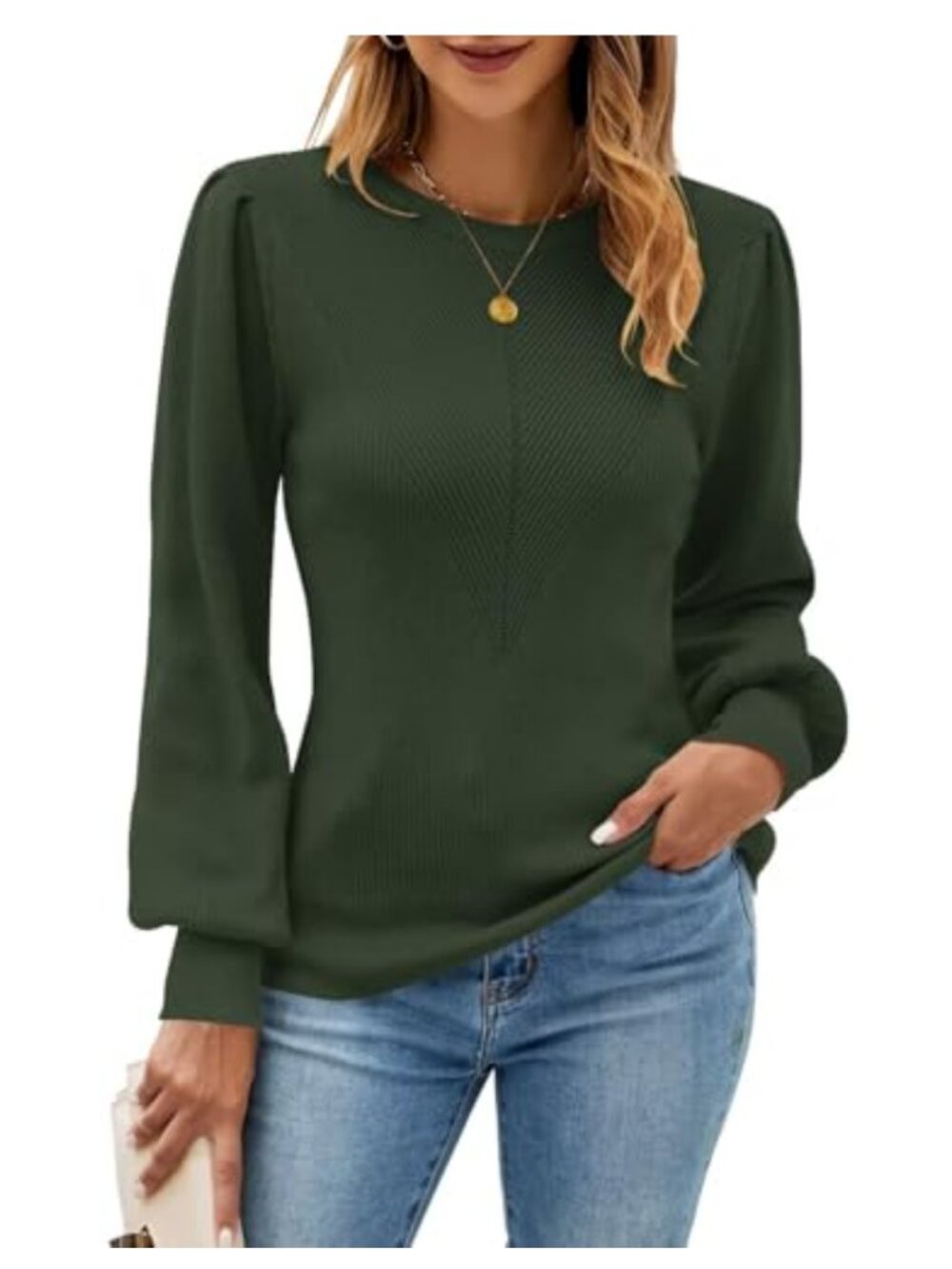 Women's Long Sleeve Ribbed Knit Sweater Crewneck Slim Fit Pullover